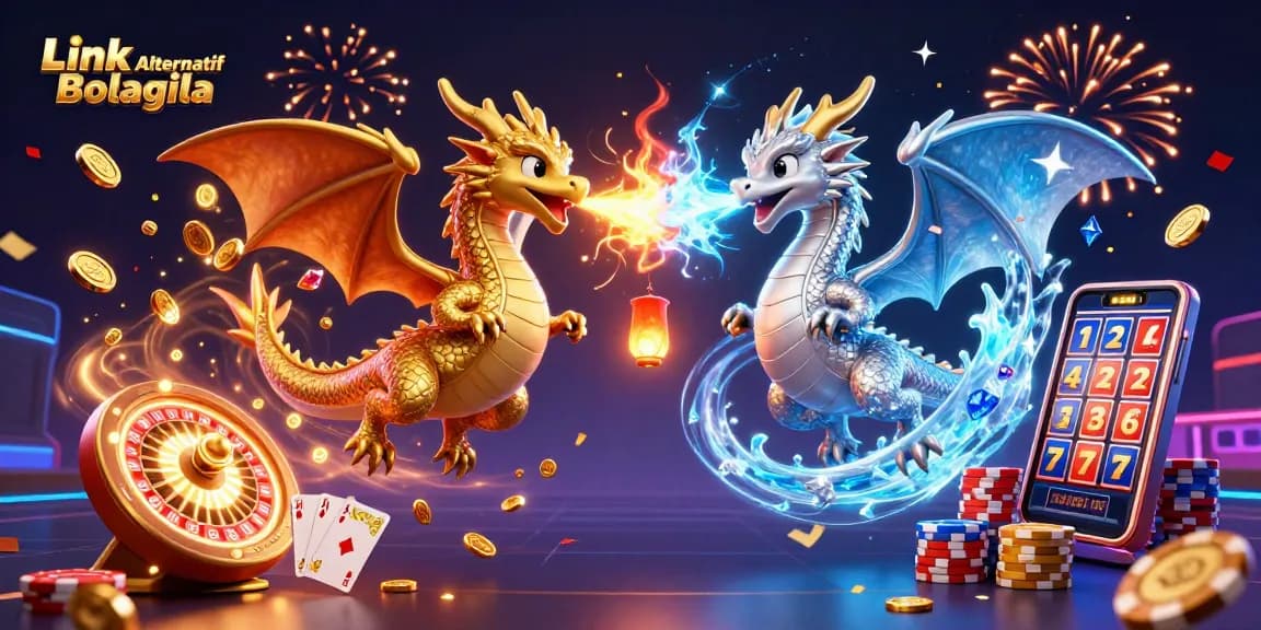 Menghadirkan Link Alternatif Bolagila, dua naga kartun terbang dengan efek yin-yang, dikelilingi koin emas dan elemen kasino.
