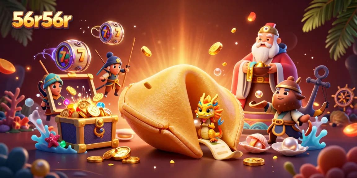 Join the adventure at 56r56r with a vibrant fantasy scene featuring a golden fortune cookie and slot reels.