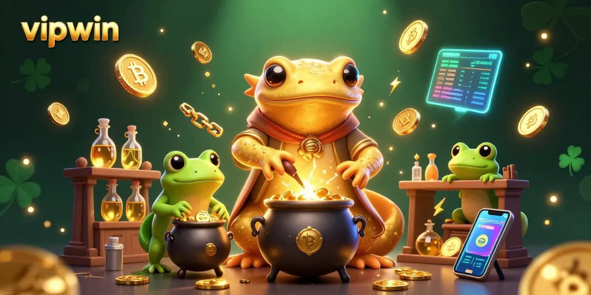 Experience vipwin's magical transformation with playful alchemist and gold coin magic in a vibrant casino scene.