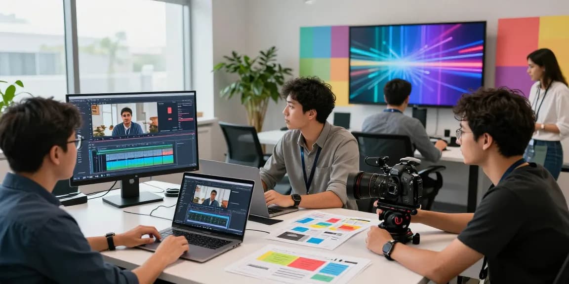 Video marketing agency Singapore team collaborating on corporate video production in modern studio setting