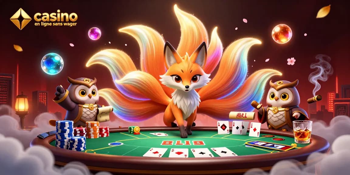 Plongez dans l'univers du casino en ligne sans wager avec un renard à neuf queues illuminé, entouré de jetons et cartes de poker.