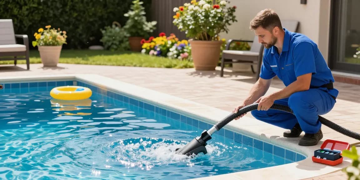 Pool maintenance expert performing održavanje bazena in a residential yard, ensuring water clarity and safety.