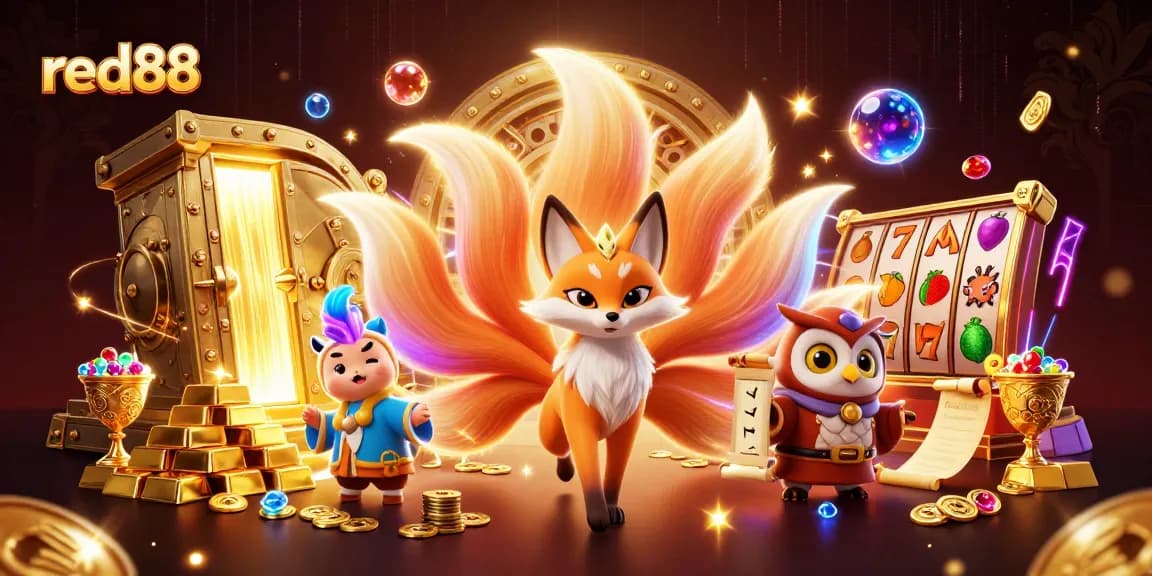 Engage with red88's vibrant casino world featuring dynamic slot game elements and fantasy characters.