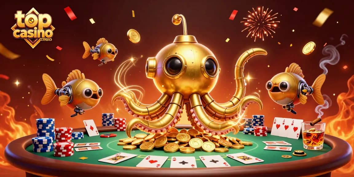 Découvrez les jeux au top casino en ligne avec un kraken doré et des jetons de poker colorés.