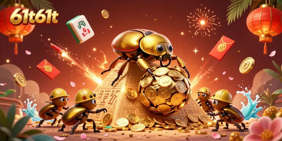Experience the excitement at 61t61t with a vibrant scene of golden beetles and casino symbols.