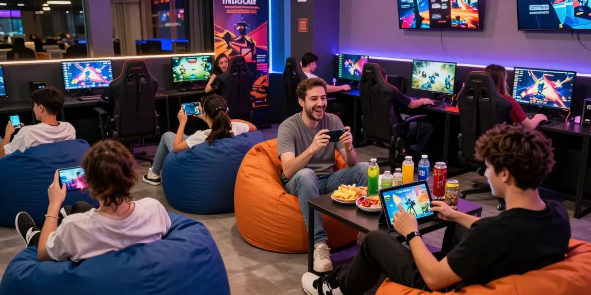 Users enjoying diverse digital games on INDOCAIR platform in a vibrant gaming hub.