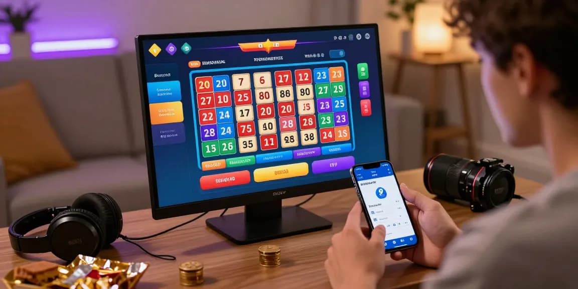 Pengguna DIANA4D terlibat dalam permainan lotere online, menampilkan antarmuka warna-warni dan perangkat gaming modern.