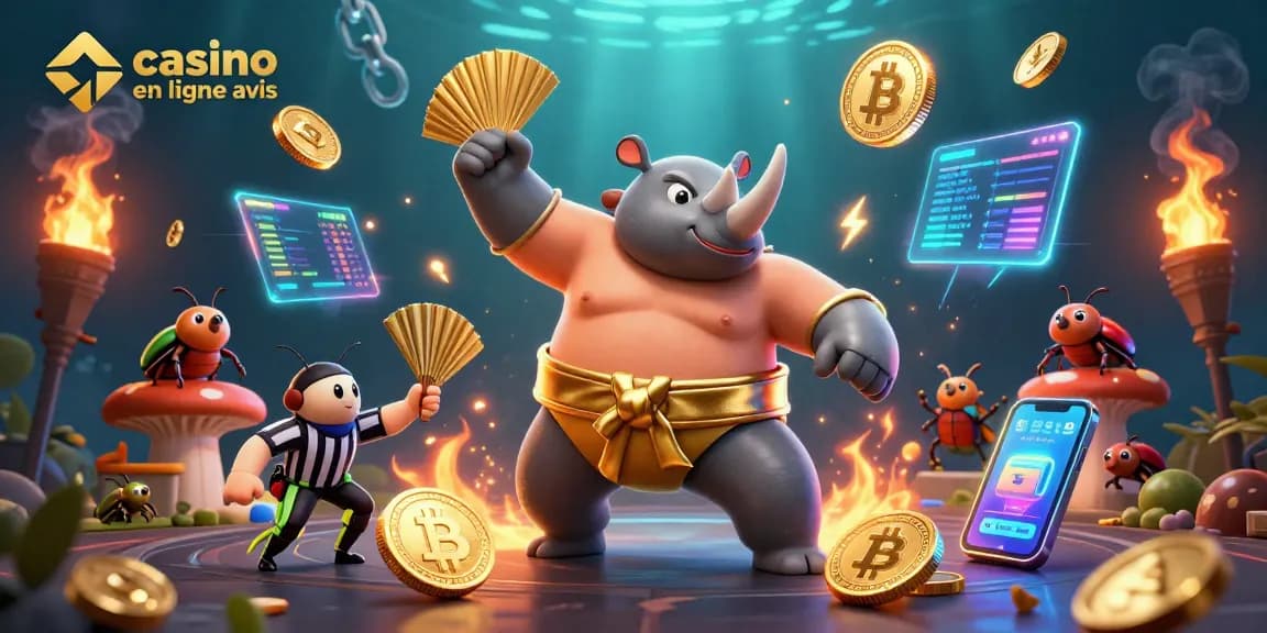 Casino en ligne avis : illustration d'un champion sumo en plein combat avec des pièces d'or.