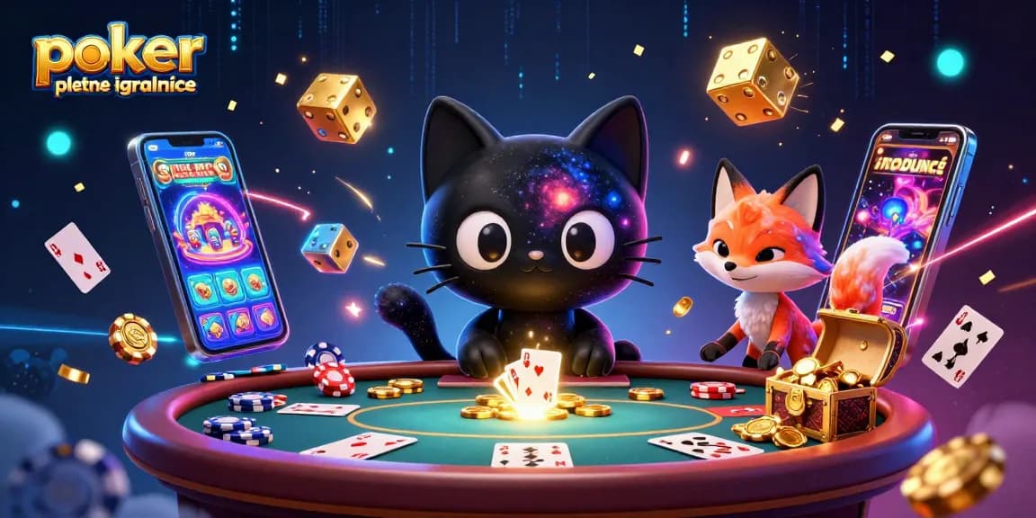 Pokrajina 3D ilustracije "poker spletne igralnice" z mačkami in galaksijo, ki privlači igralne žetone.