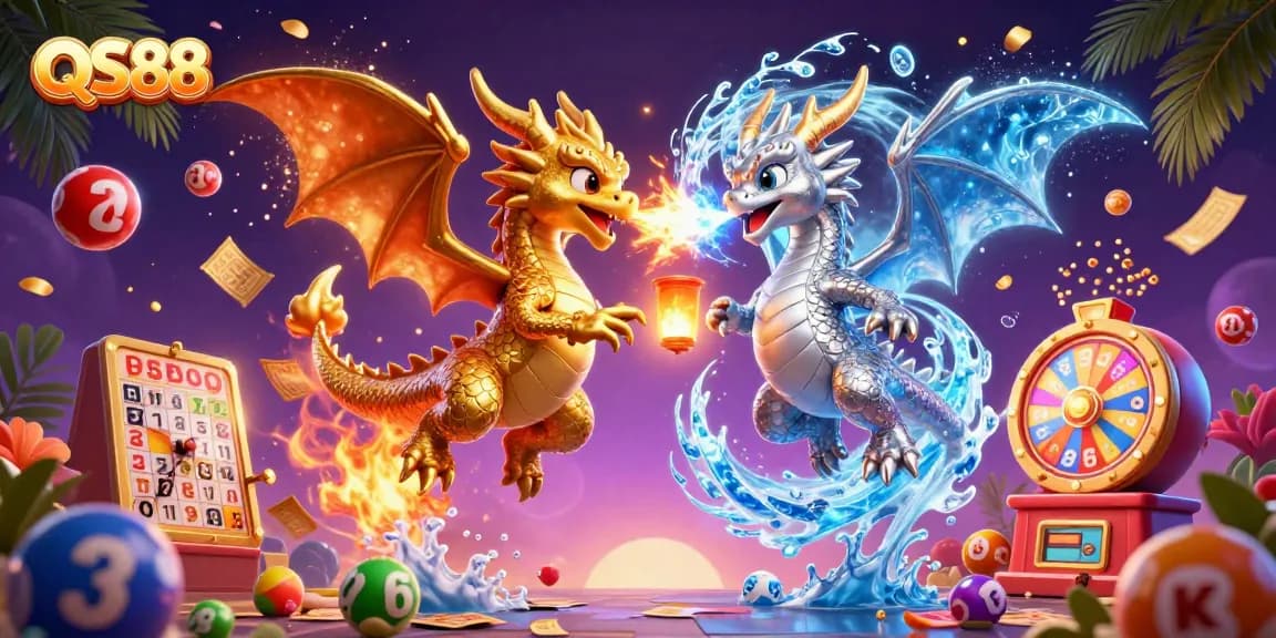 Experience thrilling action at QS88 with dynamic lottery and casino gaming illustrated by vibrant, 3D cartoon dragons.