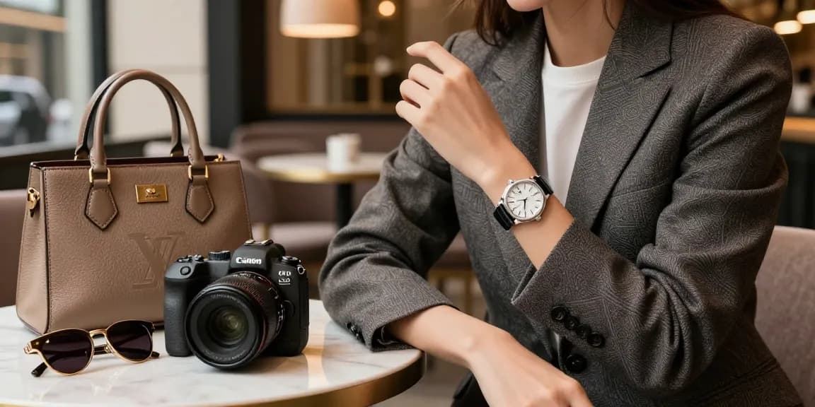 Model showcasing luxurious clone watches in an elegant urban café setting.
