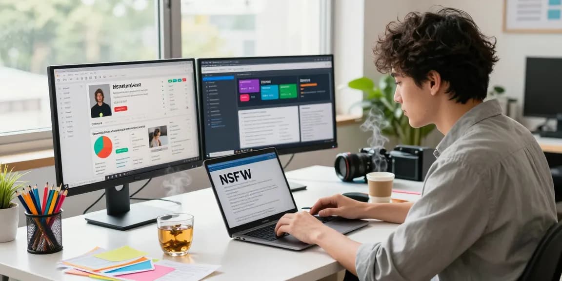NSFW content review workspace with young professional analyzing digital guidelines amidst creative tools and warm lighting.