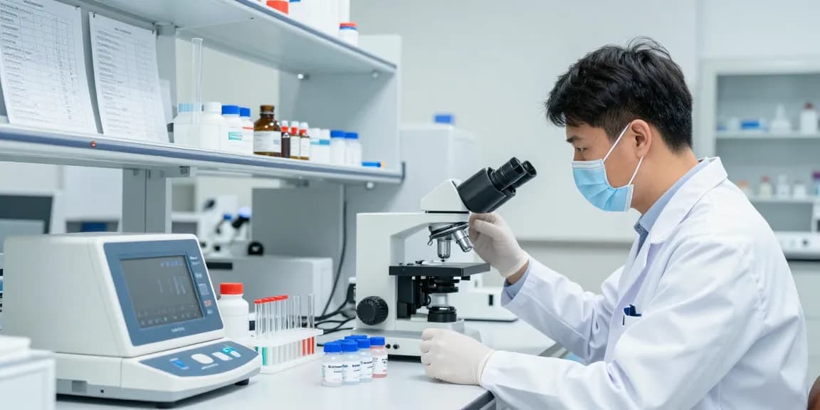 Scientist examining SwissChems Peptides in a modern lab setting with analytical equipment.