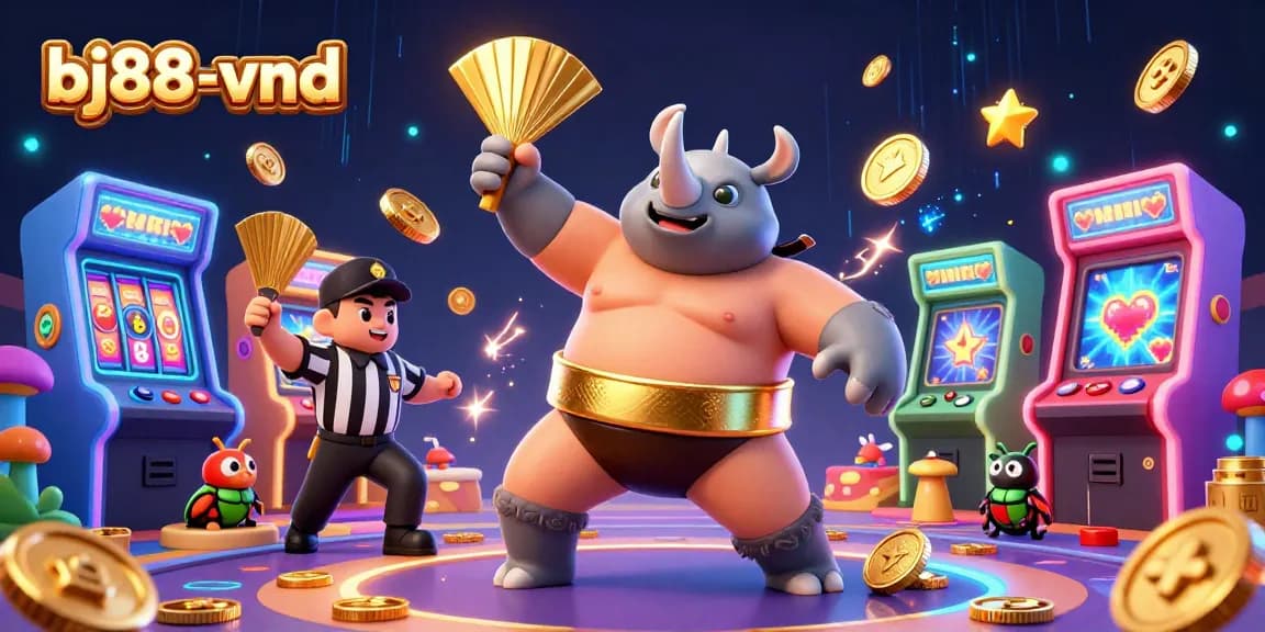 BJ88-vnd showcases a thrilling 3D scene with a beetle champion, coins flying, and vibrant gaming elements.