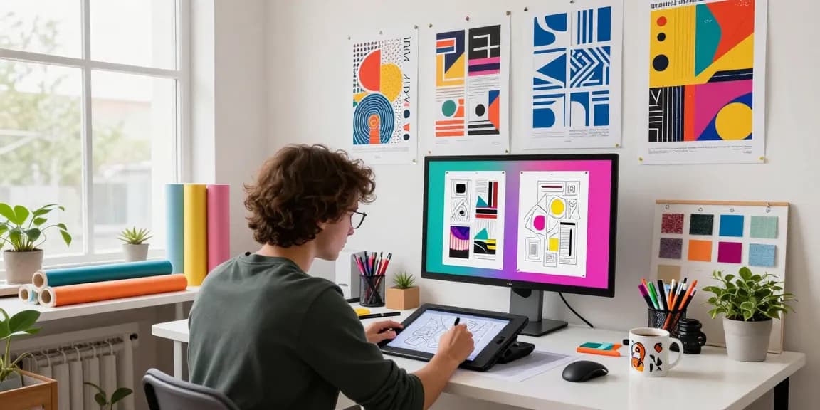 Designer at work using poster making machines in a vibrant creative studio with art supplies.