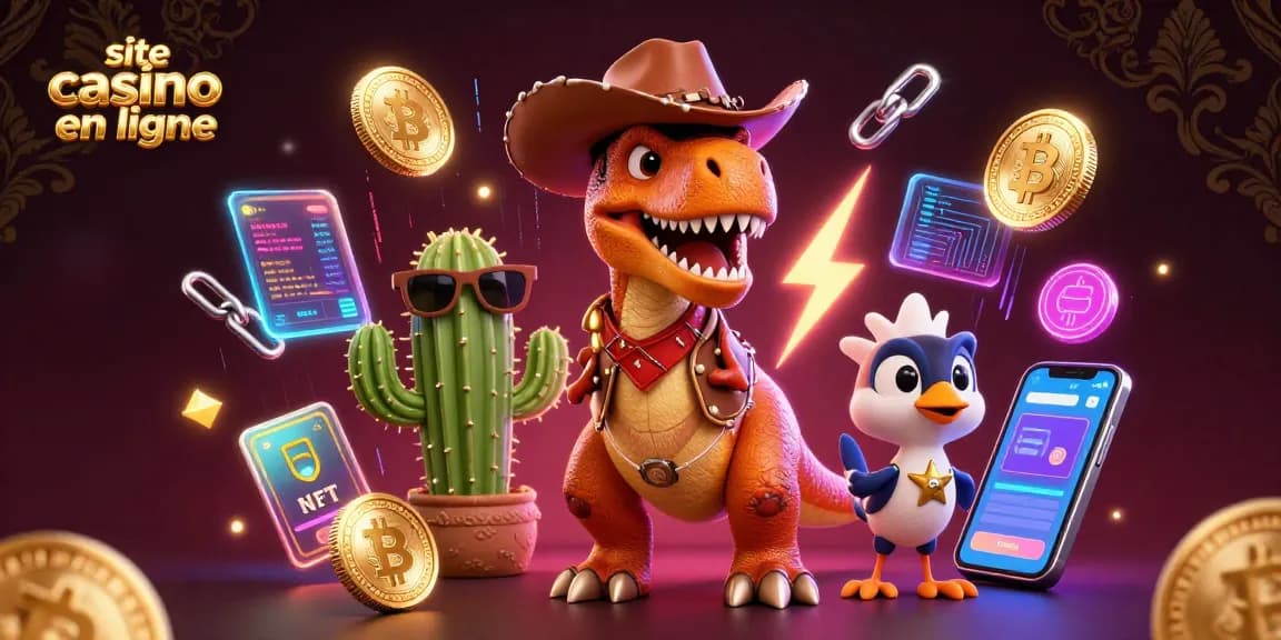 Jouez sur un site casino en ligne avec un T-Rex et des crypto-monnaies illuminées dans une illustration dynamique.