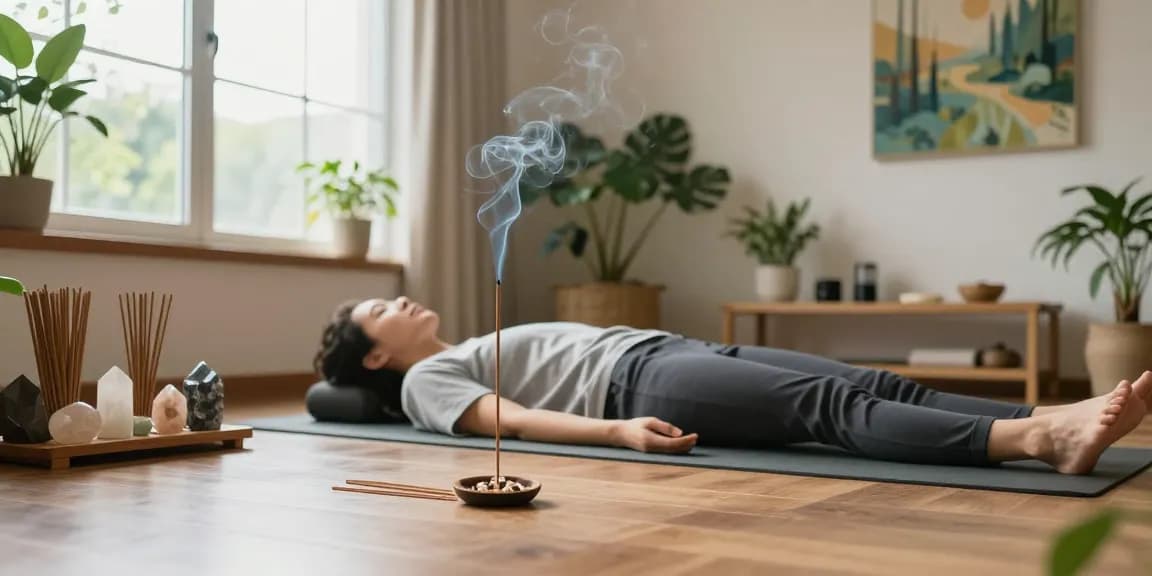hem-incense-sticks-review featuring a person meditating with HEM incense sticks in a calming home environment