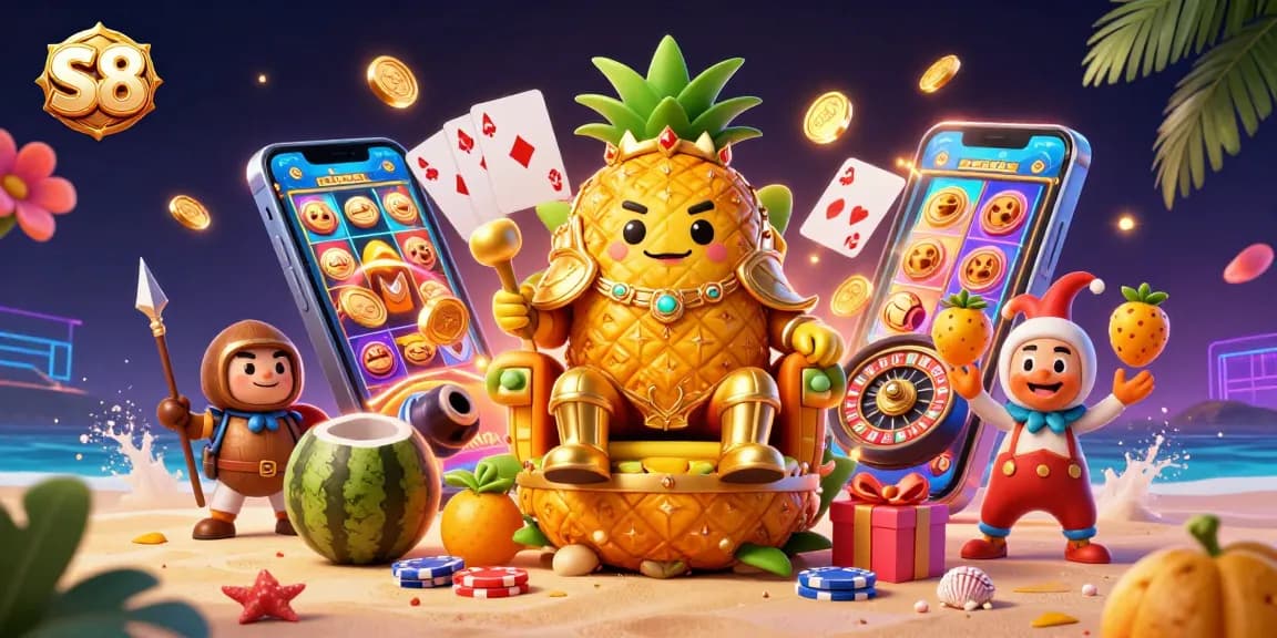 S8 engages players with vibrant casino gaming elements featuring a golden pineapple king and lively characters.
