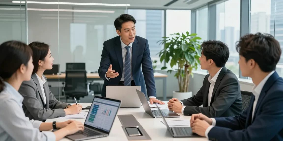 Terry Hui leading an engaging team discussion in a modern office.