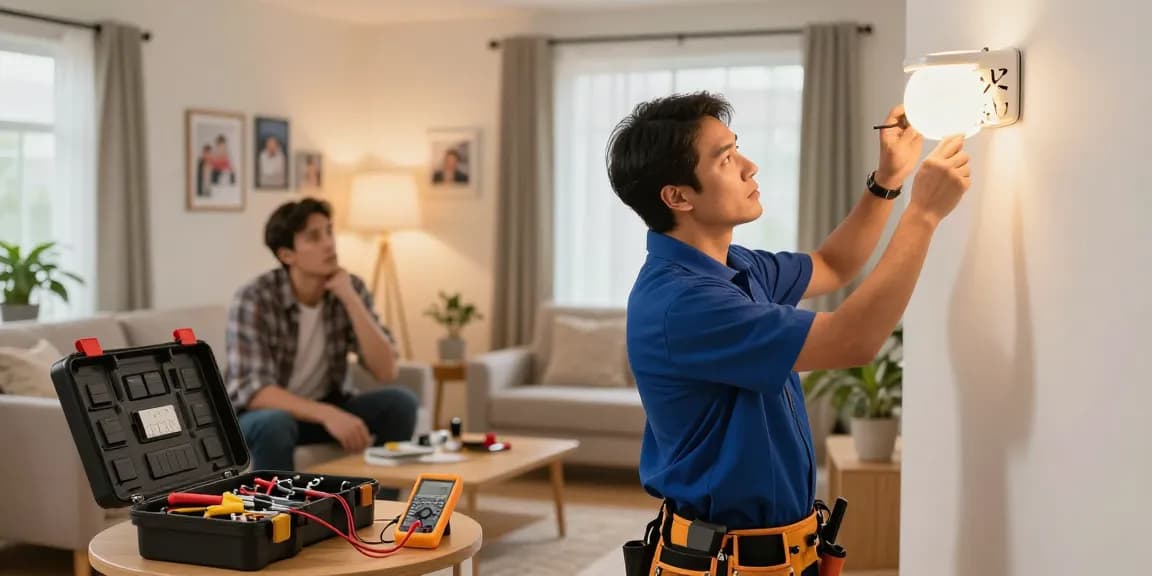 Emergency electrician near me providing immediate support in a home, inspecting a flickering light fixture with tools.