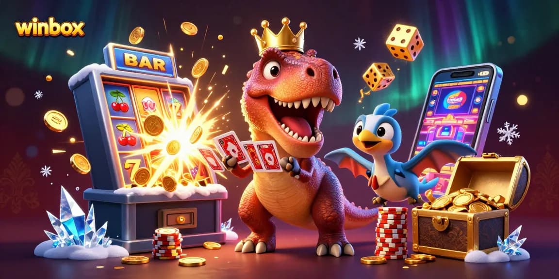 Experience thrilling gameplay at Winbox with a charming T-Rex and colorful slot machine!
