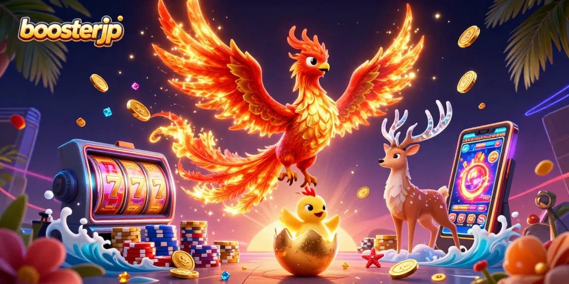 Mainkan slot dengan peluang besar di boosterjp, bersama phoenix berapi dan simbol keberuntungan.