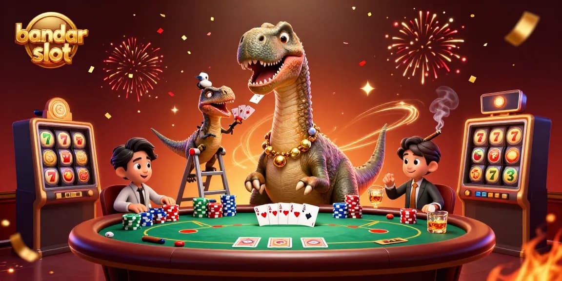 Permainan kasino bandar slot dengan brontosaurus dan raptor antara tumpukan chip poker.