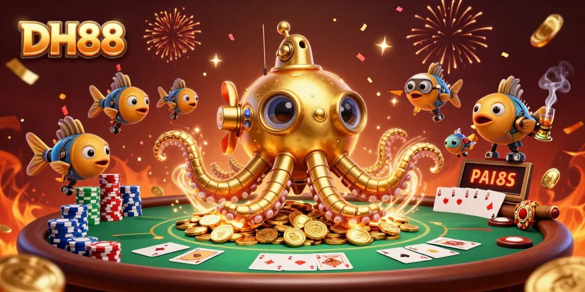 Experience the thrill of DH88 with a dynamic underwater casino scene featuring tentacled gold kraken and vibrant poker elements.