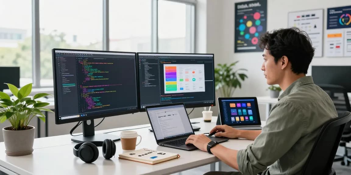 Developer engaged in coding at telegraimin.com workspace with tech tools.