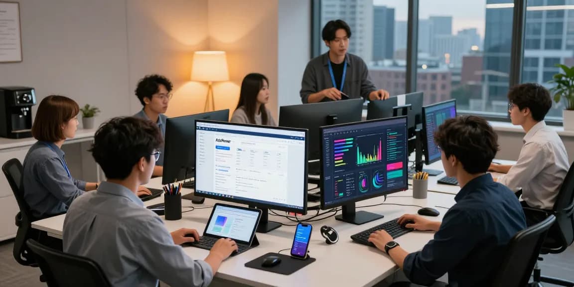 使用adspower管理多账号的现代办公室环境，团队合作，分析图表，营造出高效的工作气氛。