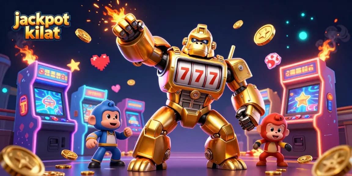 Experience jackpot kilat with a vibrant, 3D illustration of a mech gorilla and gaming elements illustrating casino excitement.