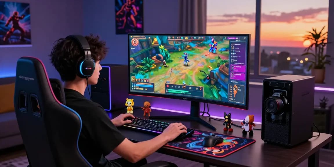 Immersive gaming experience with pakde4d visuals, featuring a gamer at a high-tech setup.