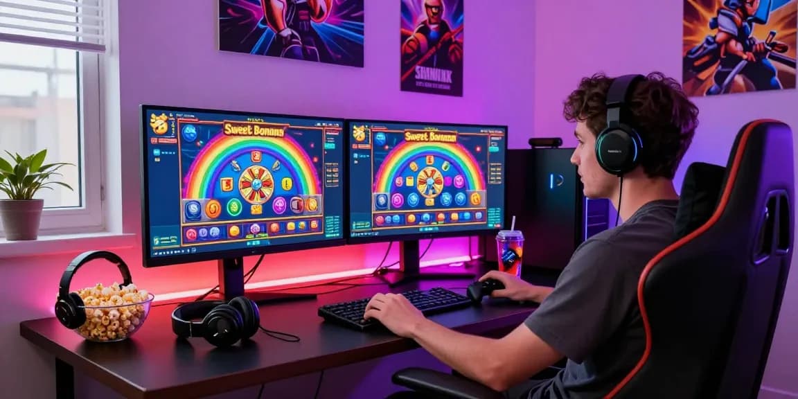 Enjoying Sweet Bonanza slot game on dual monitors in vibrant gaming room setup.