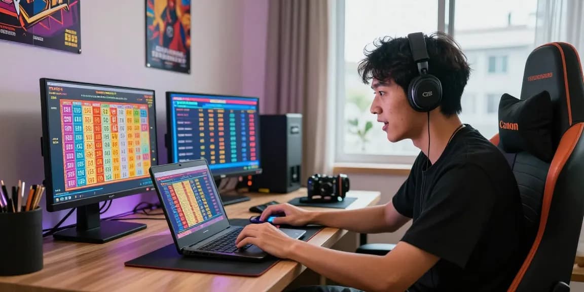 Engaged player checking Pasaran Togel Terlengkap results on laptop and mobile, surrounded by lottery elements.
