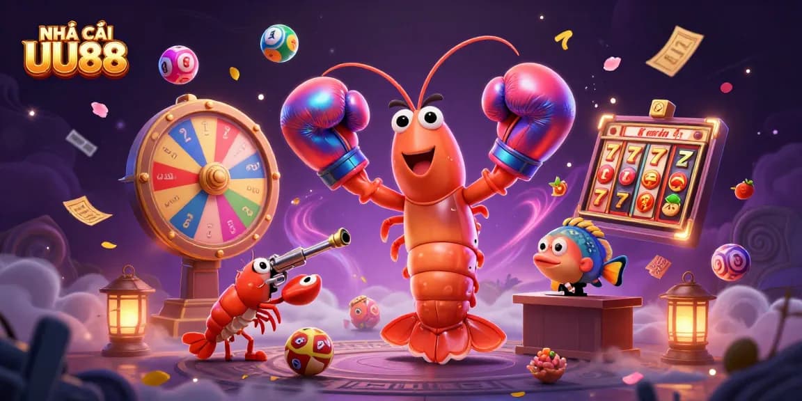 NHÀ CÁI UU88 showcases vibrant lottery and gaming action with colorful characters and dynamic elements.
