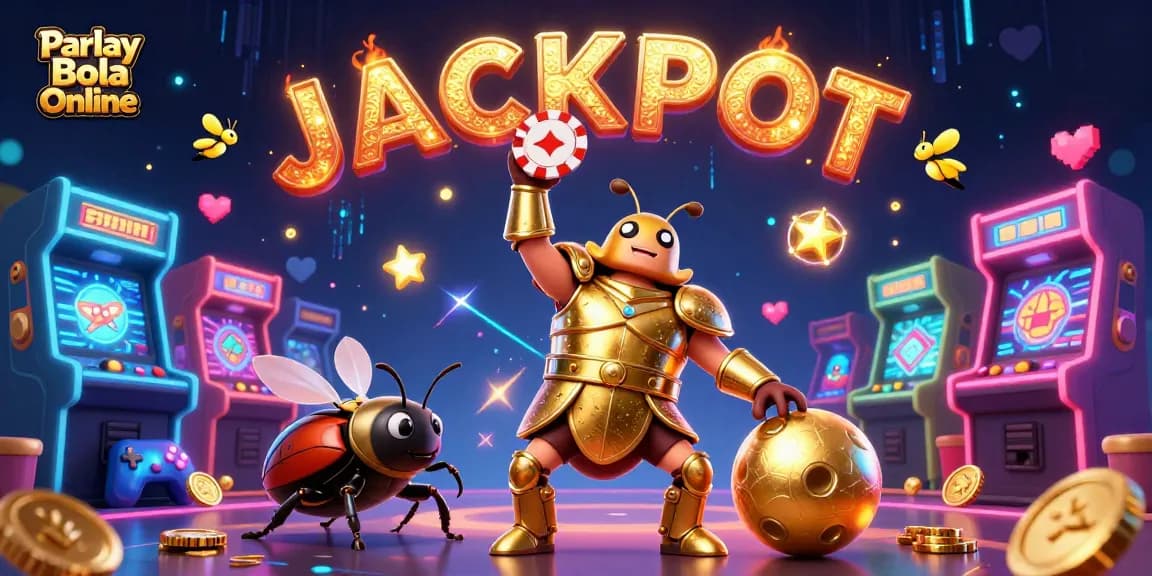 Experience the thrill of Parlay Bola Online with an epic victory scene featuring a heroic beetle and dazzling game elements.