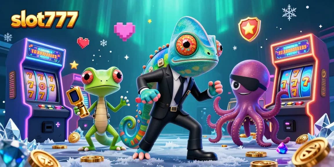 Engage with slot777, a vibrant slots environment featuring dynamic characters like a chameleon and gecko.
