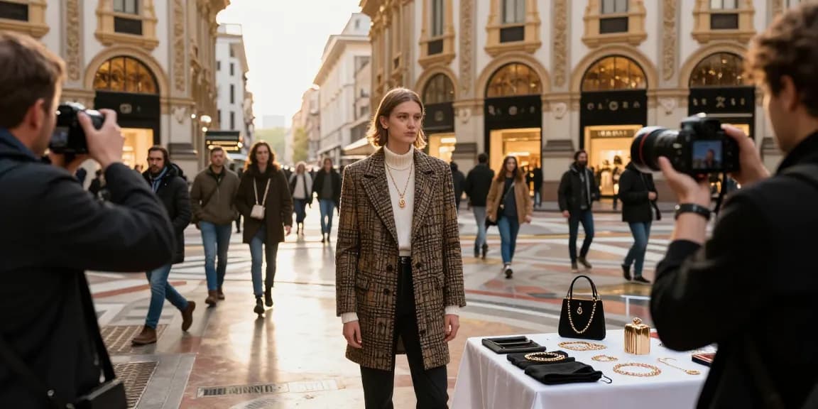 Fotografo Milano in azione, modello che indossa abbigliamento di alta moda con gioielli a Milano.