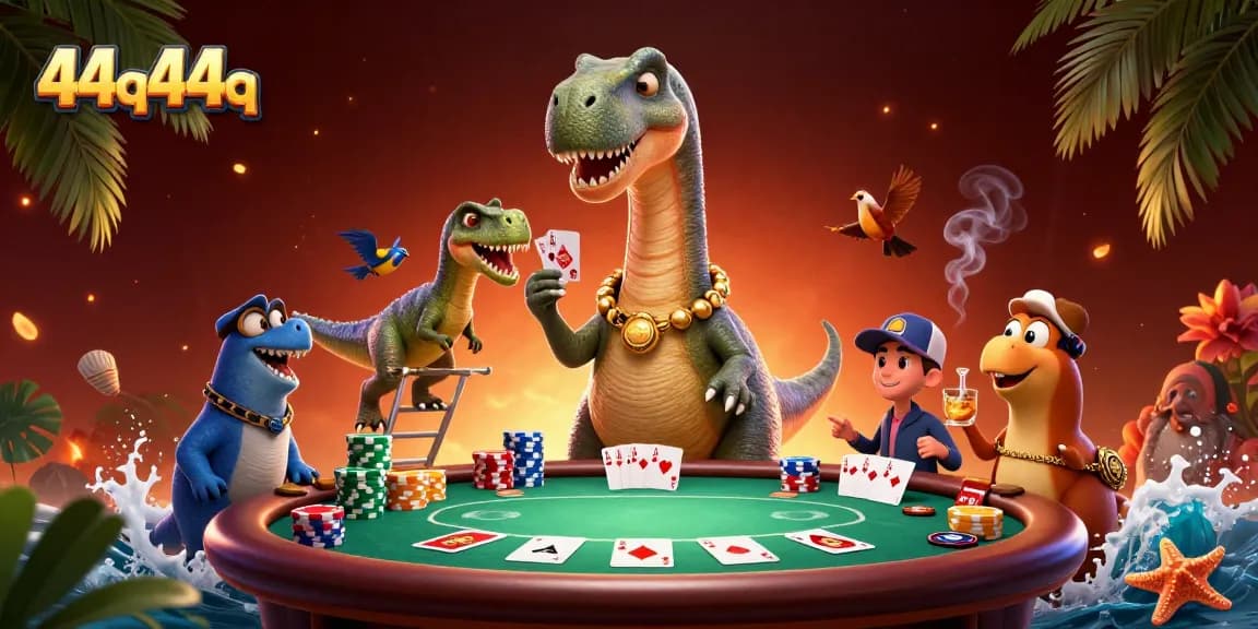 Jogue 44q44q enquanto um dinossauro enxerga as cartas em um cenário elegante de cassino.
