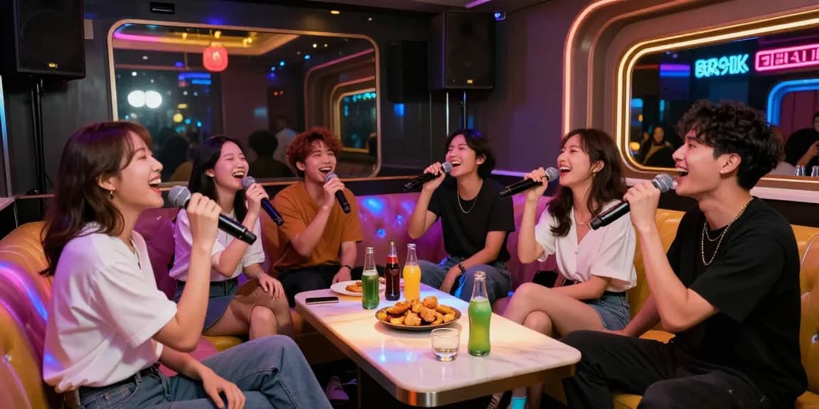 Friends enjoying 강남가라오케 in a lively karaoke room with drinks and LED lights