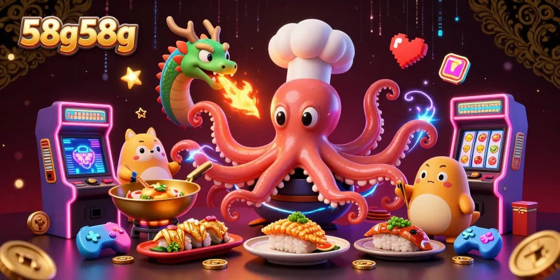 Engage with 58g58g's vibrant casino ambiance featuring a chef octopus and dragon in a lively scene.