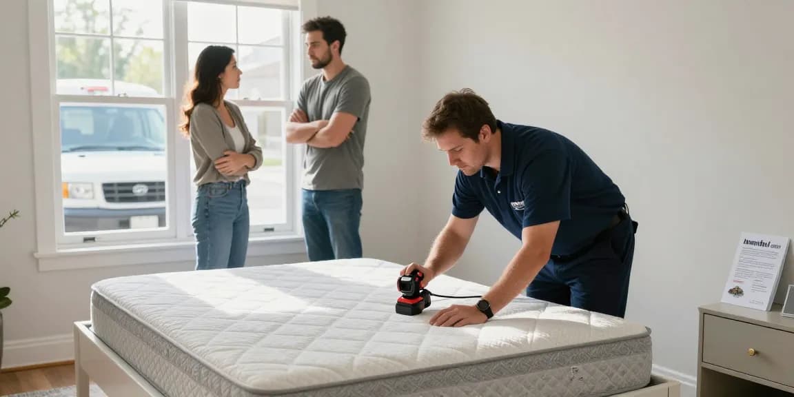 Bed bug exterminator inspecting a mattress for evidence of infestation in a bright bedroom setting.