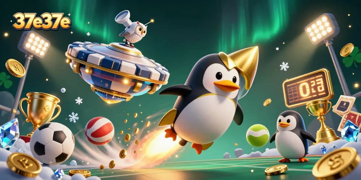 Experience the excitement of 37e37e with a whimsical 3D penguin navigating a vibrant casino universe.