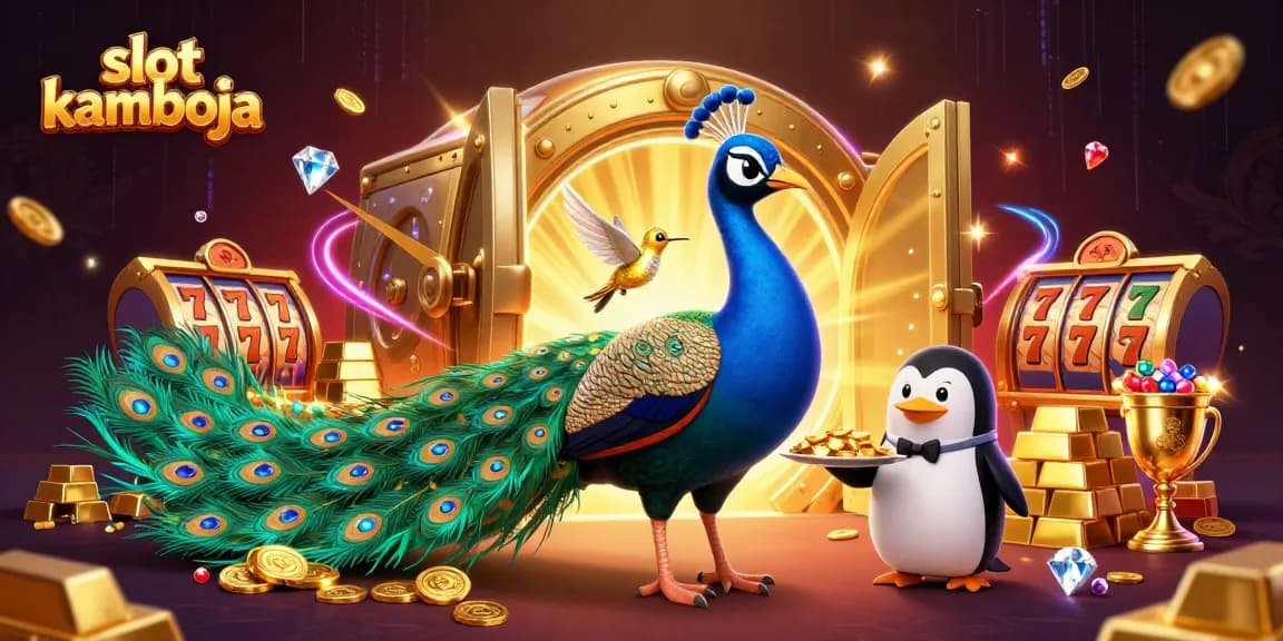 Experience excitement at slot kamboja with vibrant casino characters, gold treasures, and slot game elements.