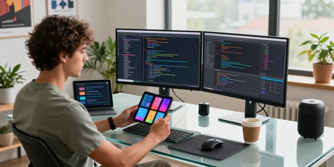 Engaging workspace showcasing a tech enthusiast using a tri-fold phone among modern tech gadgets and vibrant decor.