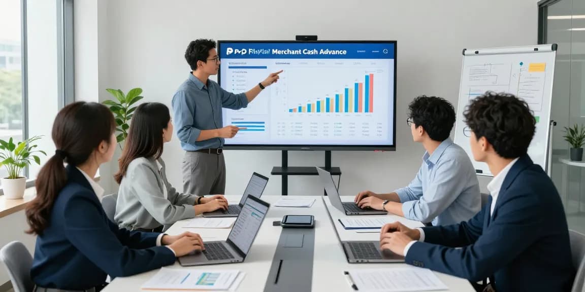 Professional team discussing a PayPal merchant cash advance strategy during a meeting with data visualizations.