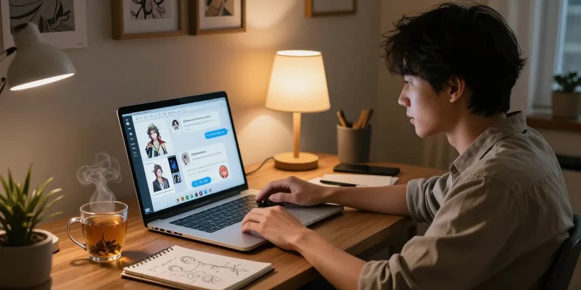 Interactive scene of a user enjoying nsfw ai chat with modern conversational AI on a sleek laptop in a cozy home office