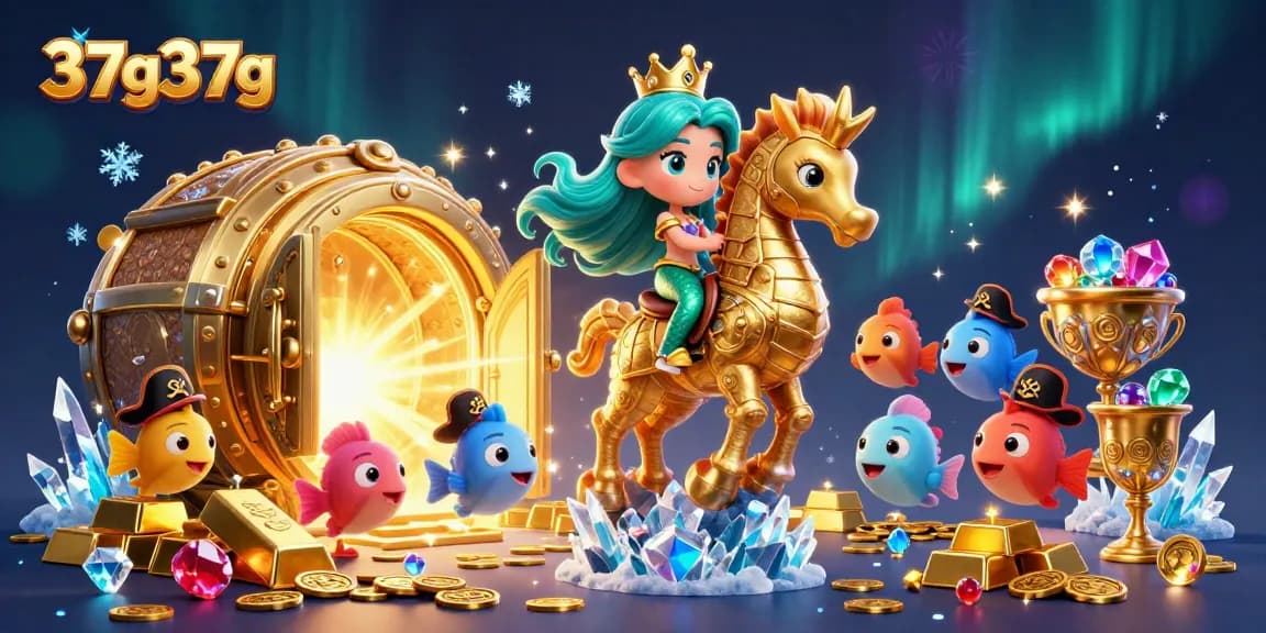 Celebrate gaming at 37g37g with a mermaid princess winning treasures in a vibrant underwater casino scene.