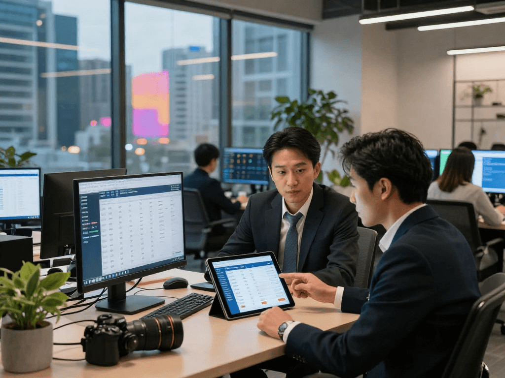 Real estate agents analyzing slot 10k investments in a modern office setting.