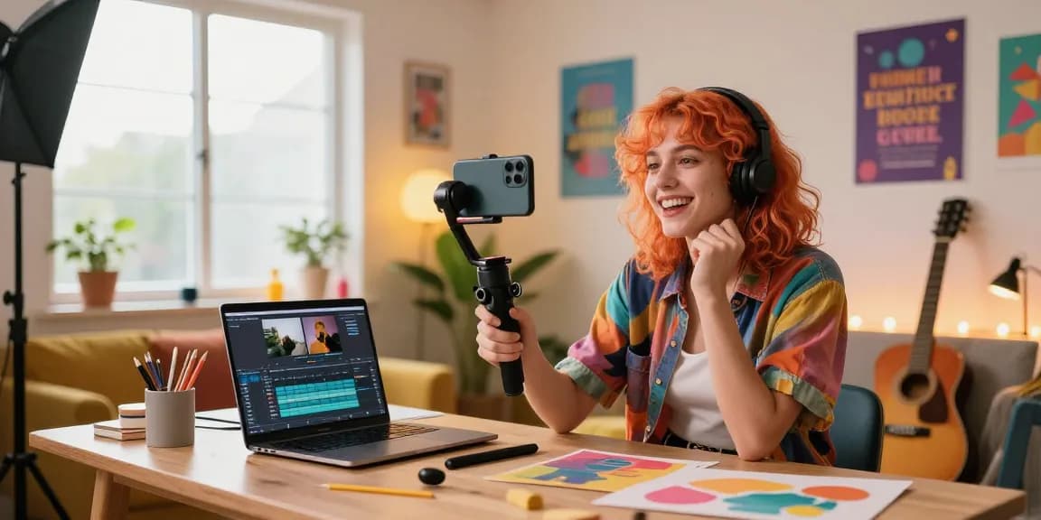 Buy TikTok views by showcasing a vibrant home studio scene with a young creator filming content for their channel.